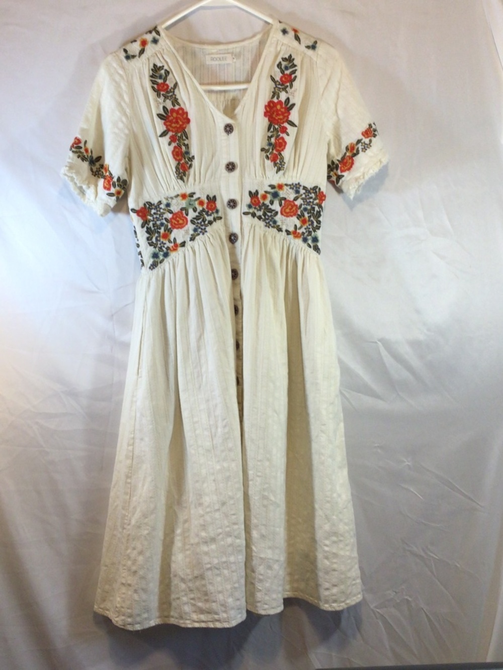Roolee Floral Embroidered Prairie Midi Dress Cream S Short Sleeve Boho Cottage